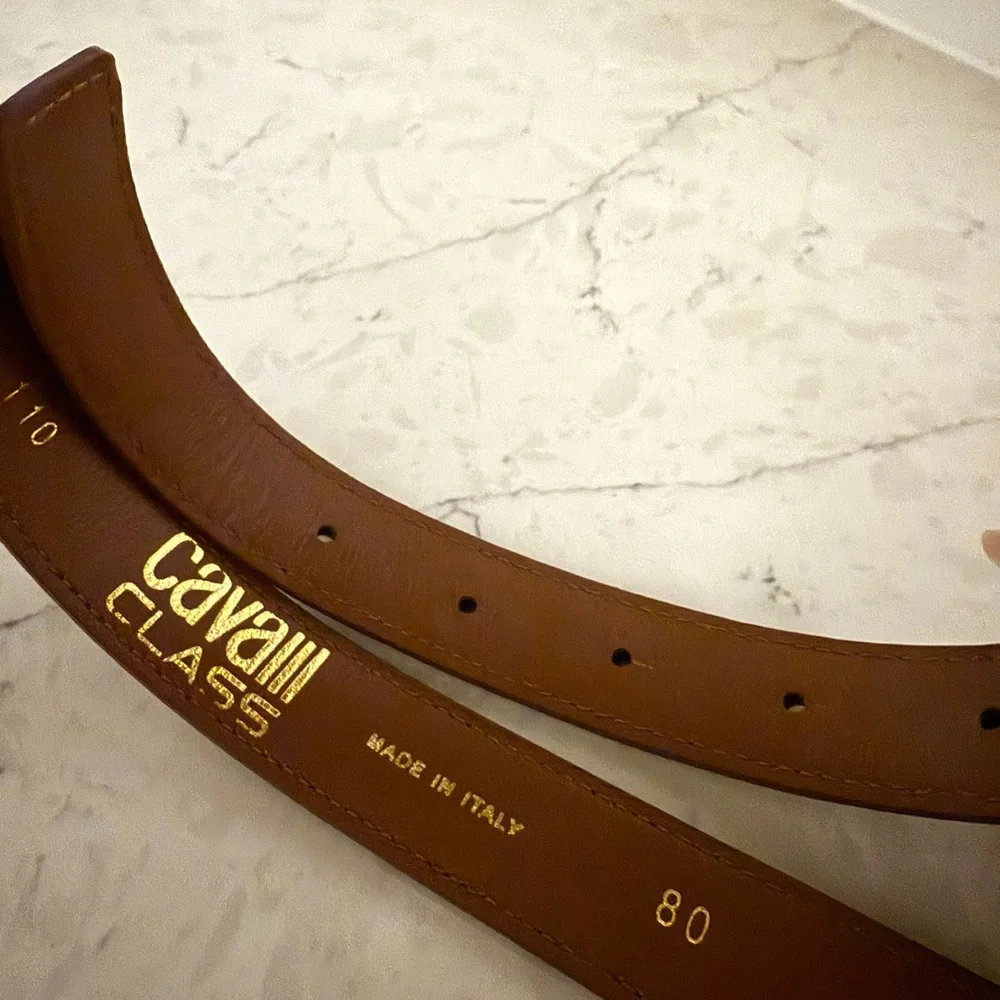 Cavalli Class Tan Leather Belt with Gold Logo Buckle